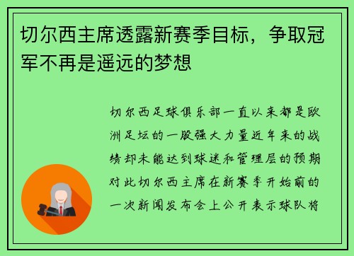 切尔西主席透露新赛季目标，争取冠军不再是遥远的梦想