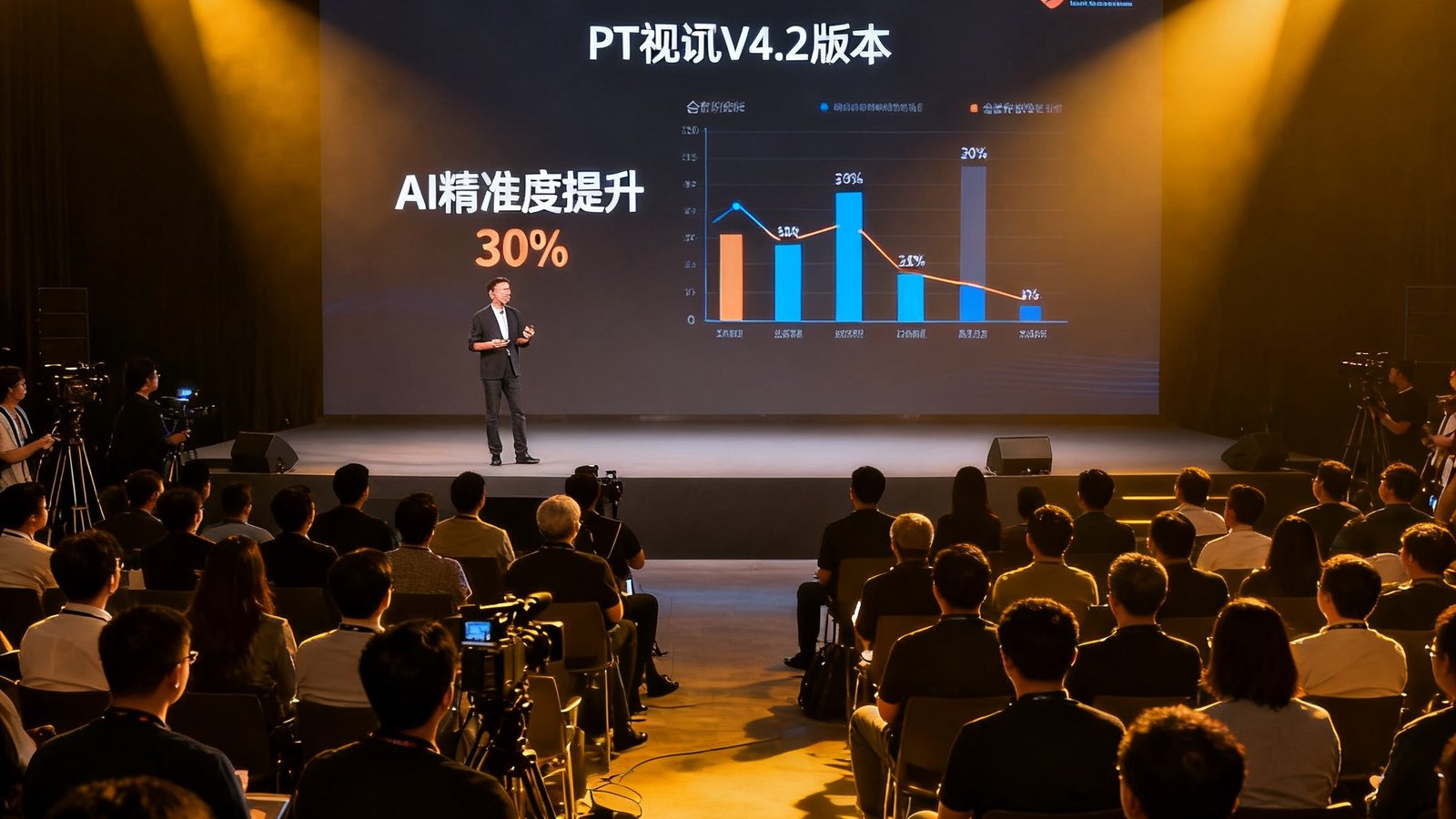 PT视讯V4.2版本发布会现场照片，舞台大屏幕上展示着AI精准度提升30%的数据图表，台下坐满媒体记者和合作伙伴代表，灯光聚焦在演讲者身上。