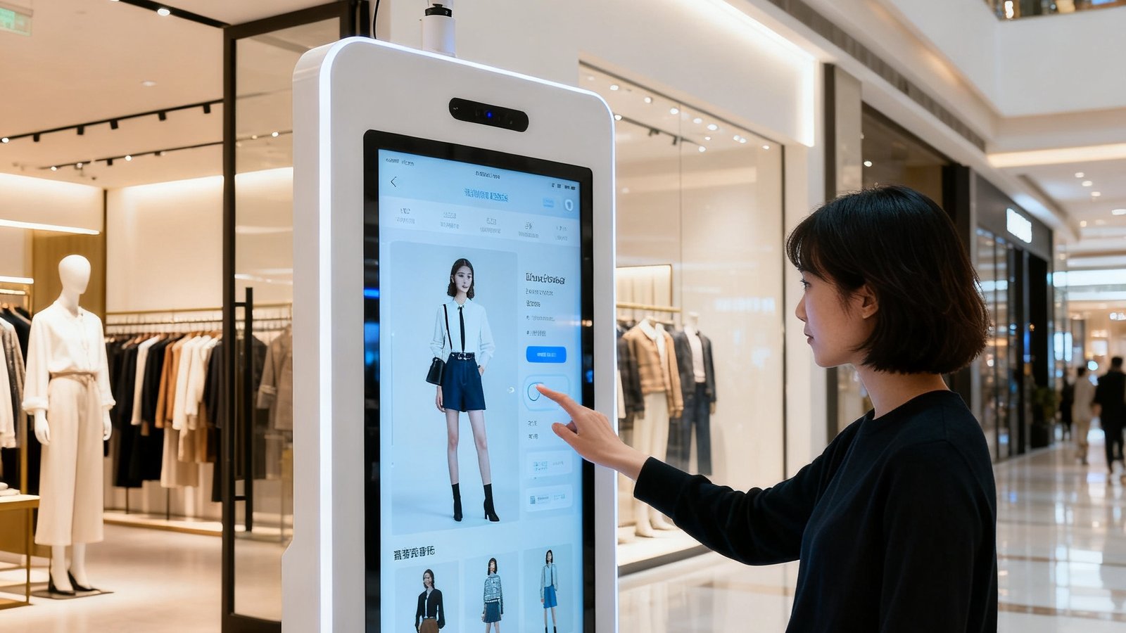 大型购物中心内一家服装品牌门店入口处，立式智慧导购屏正在展示当季新款搭配推荐，触摸屏界面设计时尚，顾客伸手点击浏览商品详情，屏幕上方摄像头模组记录互动数据。
