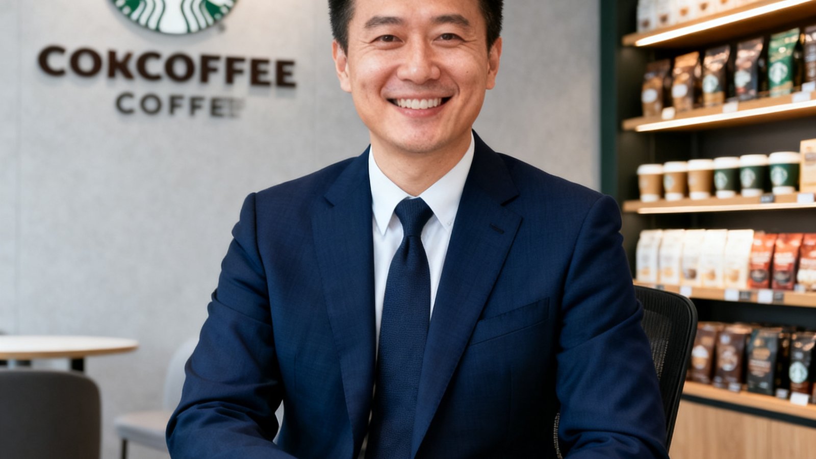 一位身着深蓝色西装的连锁咖啡品牌运营总监坐在办公室内微笑，身后是品牌门店的展示墙和咖啡产品陈列架，光线柔和专业。