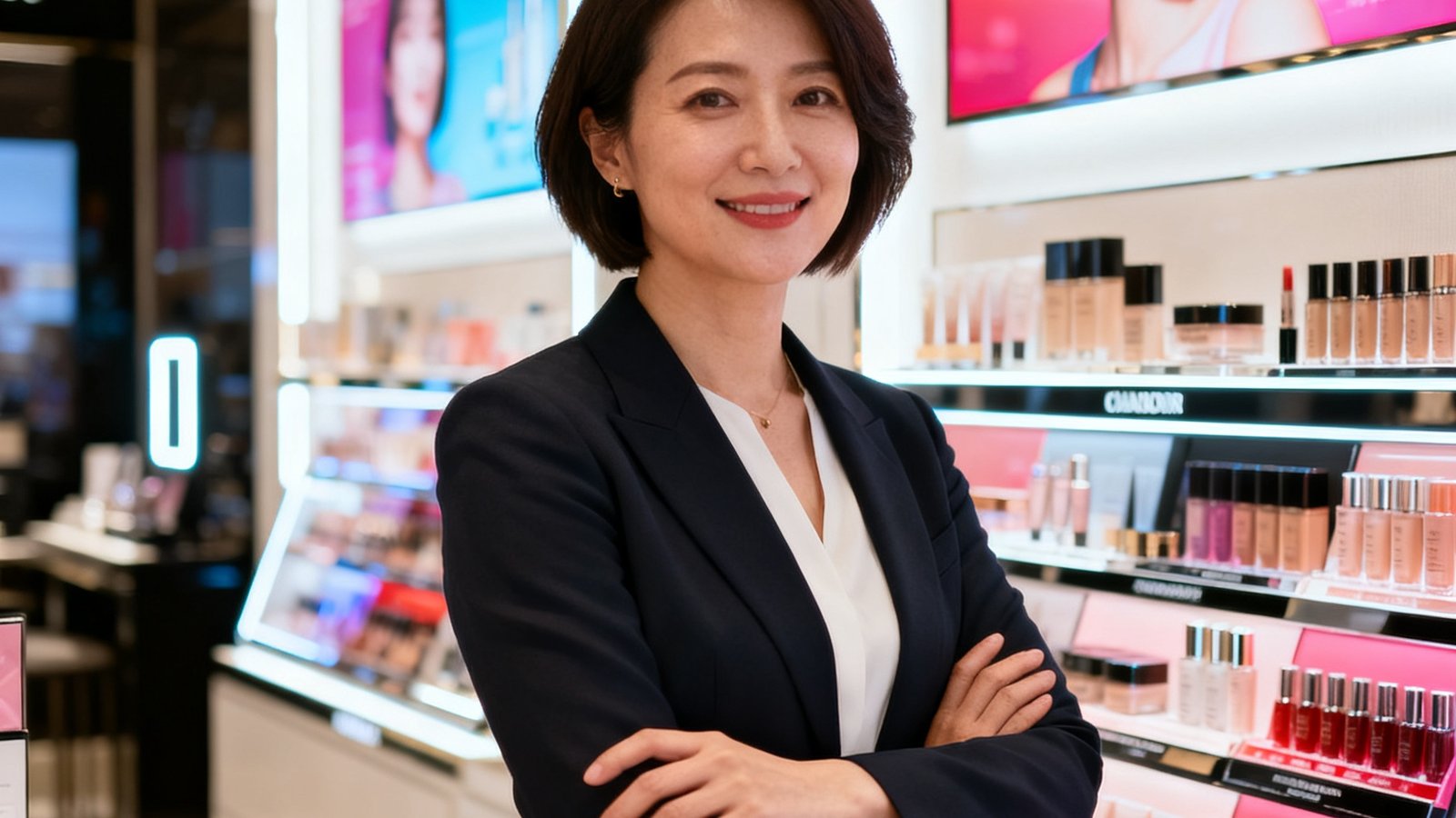 一位干练的短发女性市场总监站在品牌旗舰店内，身后是明亮的化妆品陈列架和灯箱广告，她双手交叉神情自信。